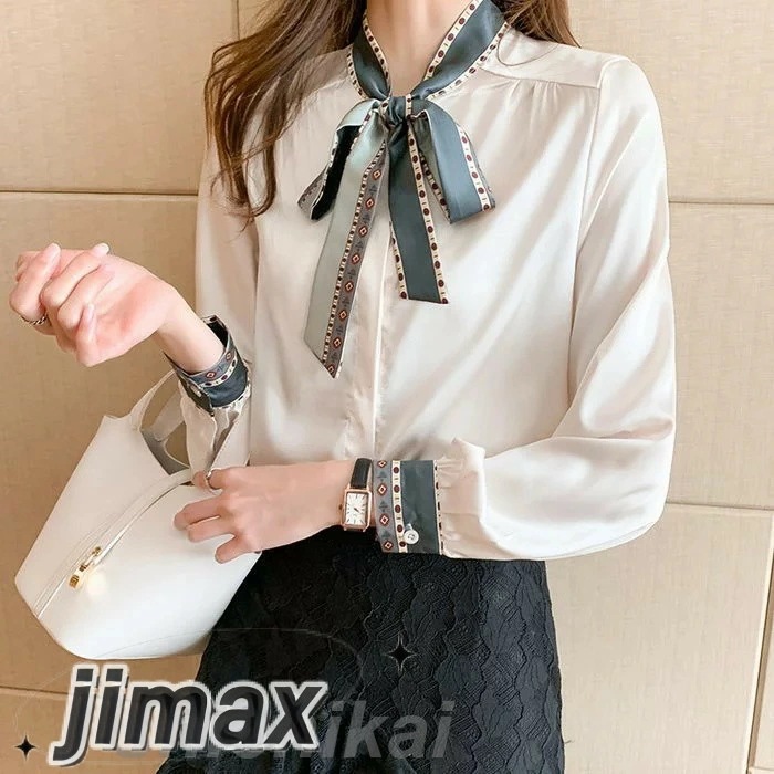 ブラウス レディース 40代 春夏新作 オシャレブラウス 白シフォンシャツ リボンネック パフスリーブ 長袖トップス 大人 通勤OL ゆったり シャツ30代 50代