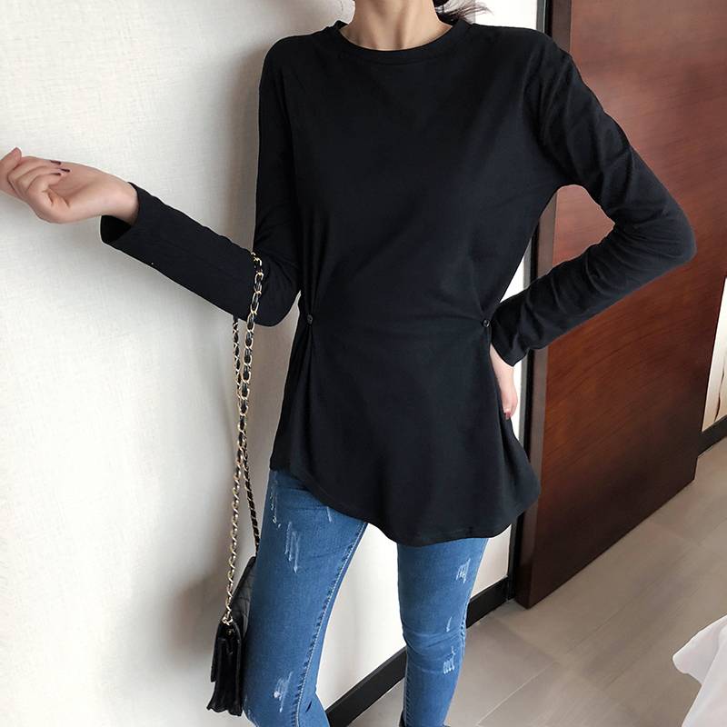 タック Tシャツ トップス レディース 2色 シャツ カットソー プルオーバー ラウンドネック 長袖 ペプラム ウエストマーク オーバーサイズ ビッグシルエット 楽ちん 体型カバー 二の腕カバー ホワ