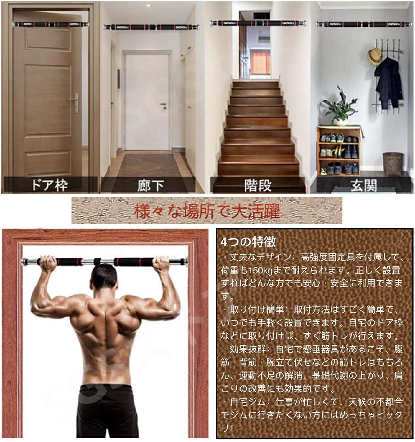 懸垂バー ネジ不要 筋トレ 懸垂 自宅 ぶら下がり 健康器 Lサイズ 有効範囲 85cm-115cm 腕力大胸筋腹筋広背筋ストレッチ 室内 筋トレ器具 多機能 運動不足対策 ドアに簡単設置 耐