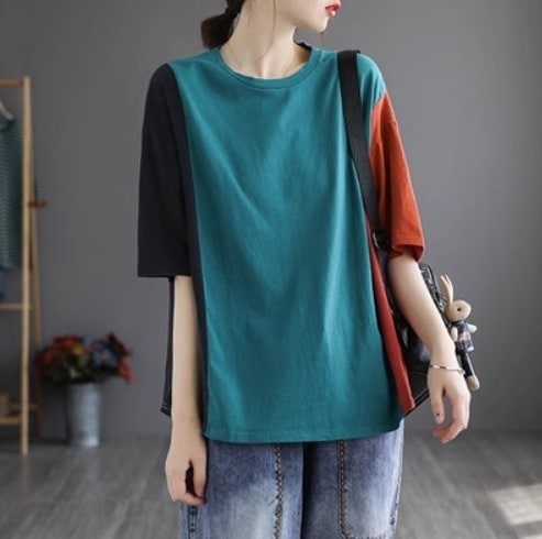 トップス 個性的 ゆったり Tシャツ 半袖 ドロップショルダー ラウンドネック 通気性 薄手 シンプル カジュアル おしゃれ お洒落 かっこいい レトロ アジアン エスニック エキゾチック