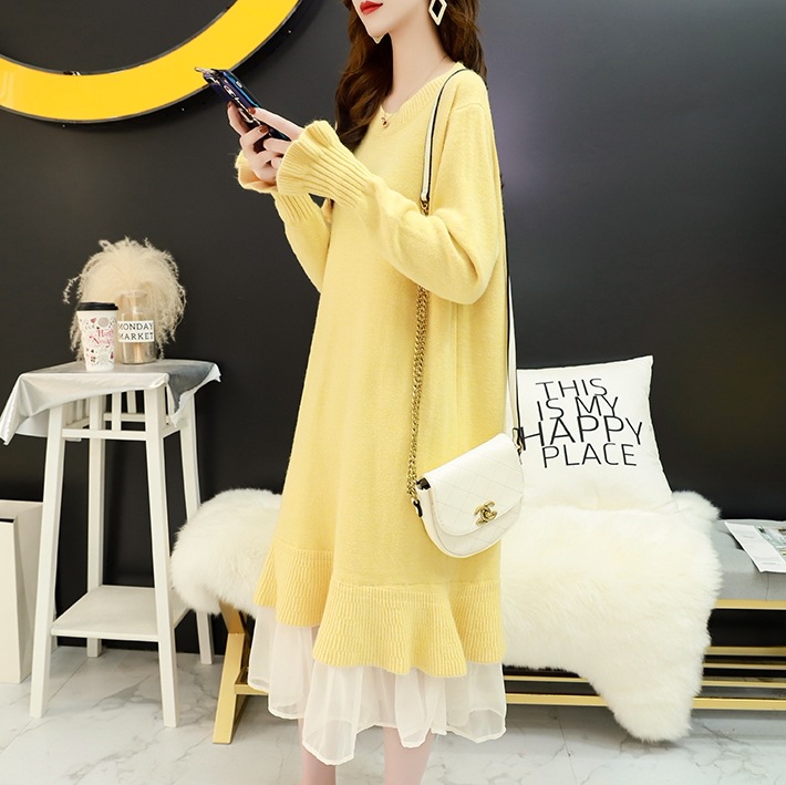 フリルニットワンピース キュートルーズワンピース メッシュフリルワンピース ルーズニットワンピース スカート ワンピース プルオーバー オールインワン ロングスカート ニットスカート 膝下 ロング