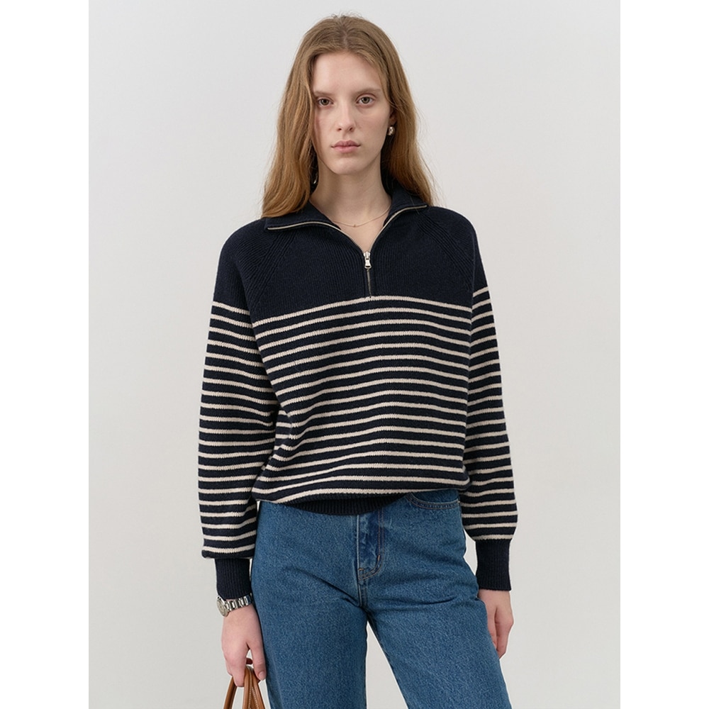 Dunst 女性用ユニセックスストライプハーフジップアップセーターフレンチネイビークリーム UDSW4C103N2