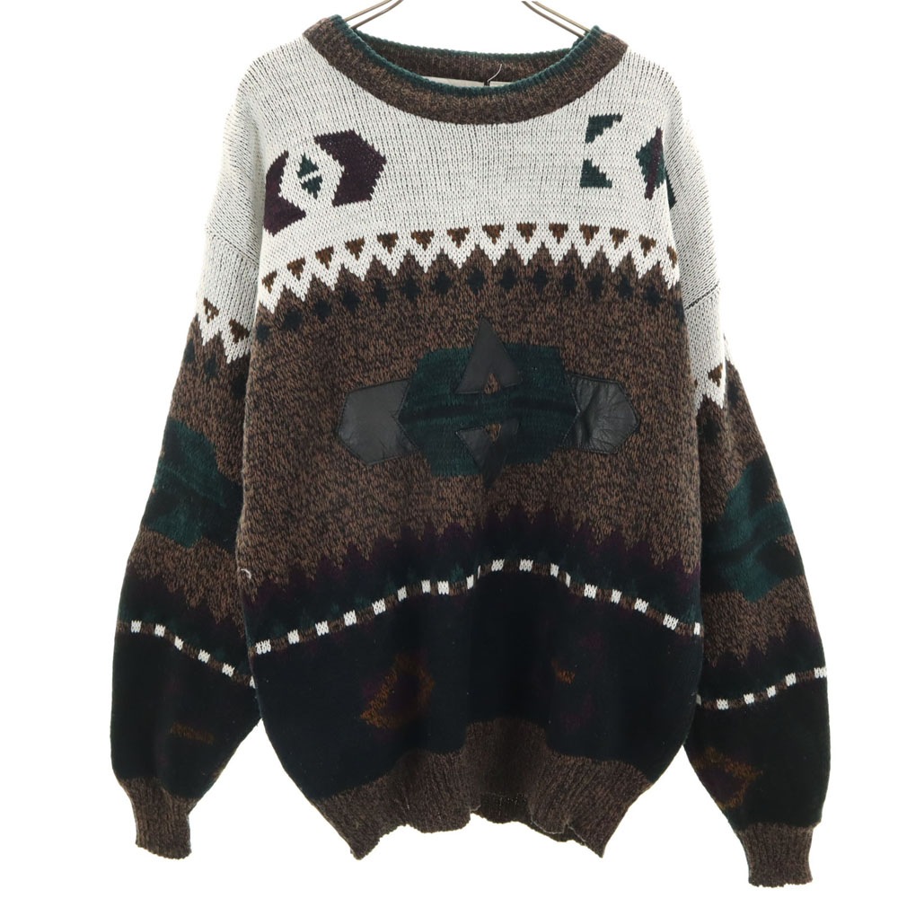 URBAN WORKS 80s 90s 韓国製 オールド 総柄 長袖 アクリル セーター L ブラウン系 ニット メンズ 古着