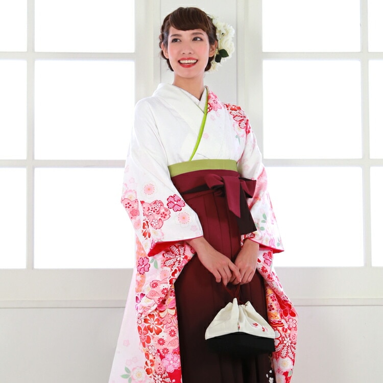 レンタル卒業式 袴 レンタル 女 袴セット 女 卒業式袴セット 振袖 着物＆袴 フルセットレンタル 安い 白地に赤ぼかし八重桜 疋田柄 ハカマ はかま rental