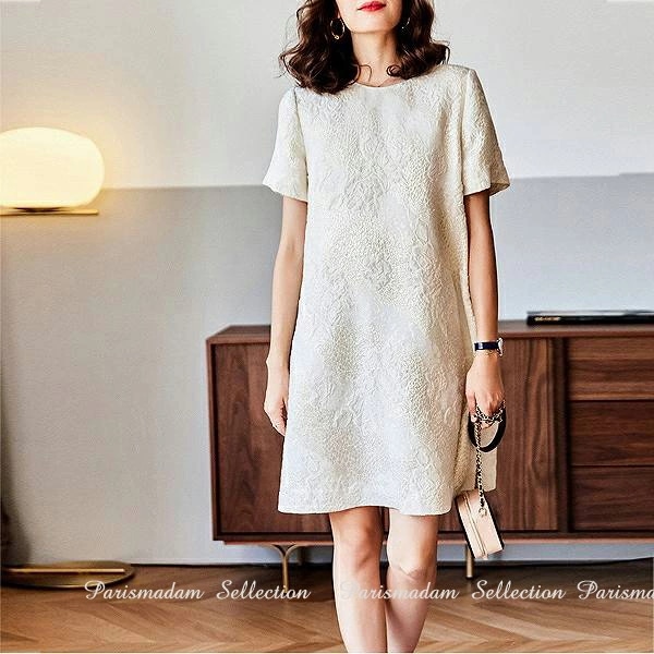 「品質良い」お嬢様エレガンスワンピース　ビーズ浮き柄ひざ丈　高品質　Aライン　半袖　オフホワイト　改まった席にシンプル大きいサイズ有り