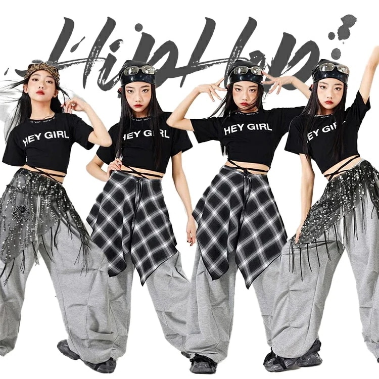 女の子 ブラック グレー ダンス衣装 子供服 キッズ セット へそ出し 黒シャツ ガールズ サルエルパンツ 長ズボン ダンスウェア 発表会 応援団 イベント ジュニア カッコイイ 普段着 jazz オ