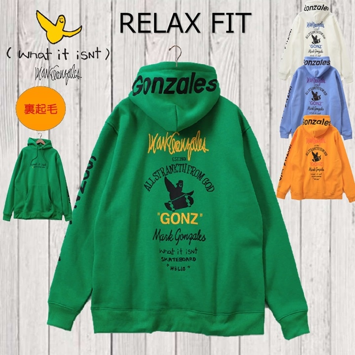 【(What it isNt) ART BY MARK GONZALES】 マークゴンザレス パーカー フロントプリント バックプリント フードプリント 袖プリント スケーター ダンス ストリート リ