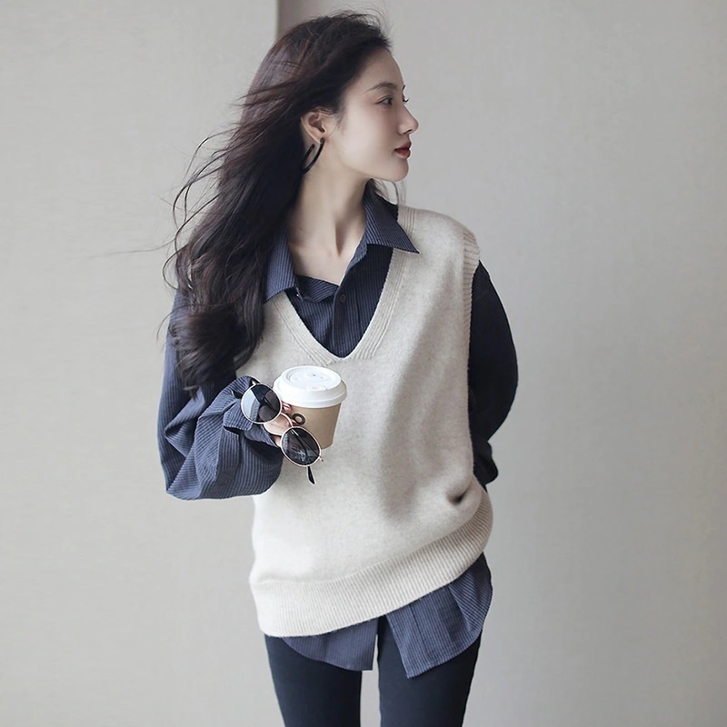 セットアップ コーデュロイ シャツ ニット ベスト レディース 2点セット 長袖 Vネック 大人可愛い シンプル カジュアル ゆったり クール おしゃれ 普段使い 青 ベージュ 茶色 S M L XL