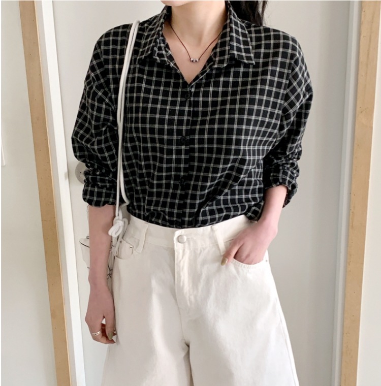 チェックシャツ トップス シャツ ブラウス ロング ロング丈 袖あり 長袖 Vネック 襟付き ストレート ワイド Iライン ポケット 前開き かわいい 大人可愛い きれいめ シンプル カジュアル 大人