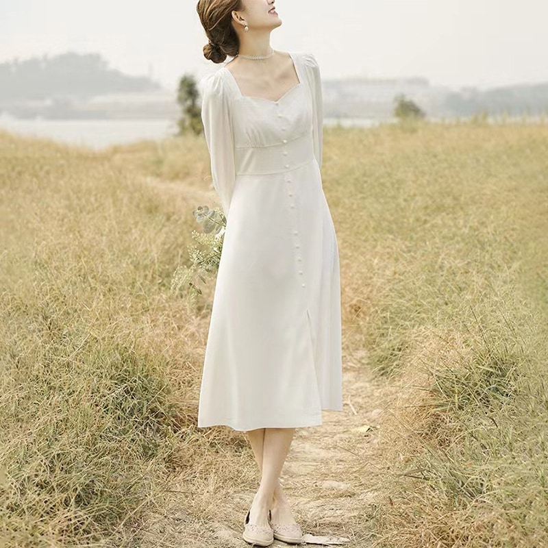 ドレス 衣装 ウエディングドレス カクテルドレス ミモレ丈ドレス 7分袖 パフスリーブ Vネック ウエストマーク デザインボタン セミフレア スリット ステージドレス 発表会 かわいい 大人可愛い