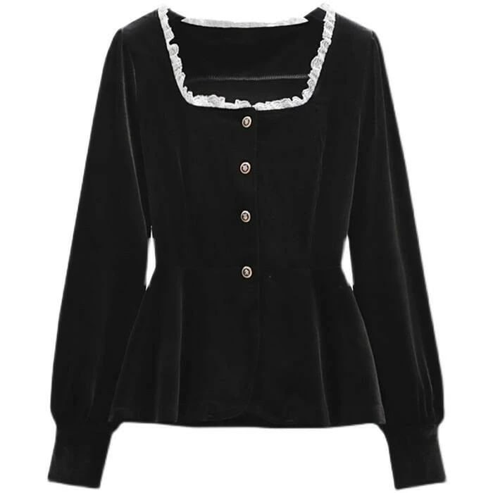 ス クラシカル 40代 シャツ ブラック プルオーバー お呼ばれ 大人 韓国 ベロア 30代 レース カジュアル 長袖 ペプラム 黒 エレガント フェミニン 可愛い 20代 おしゃれ ブラウス スクエ 5,681円