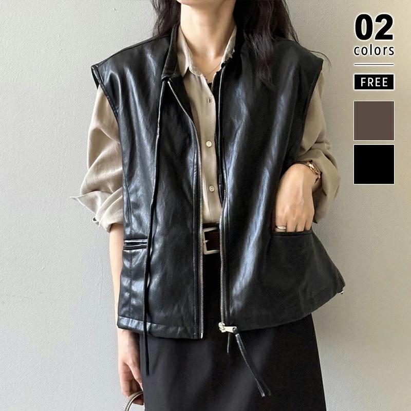 フェイクレザー ベスト レディース ジャケット フェイクレザーベスト ジップ アウター フェイク レザー ノースリーブ 合皮 レザージャケット 羽織 前開き ポケット 重ね着 レイヤード 暖かい カジ
