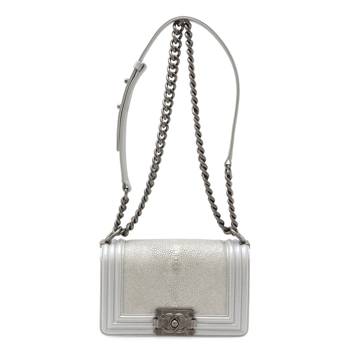 ボーイシャネル ココマーク チェーンショルダー ショルダーバッグ ポシェット 斜め掛け ガルーシャ メタリックレザー シルバ