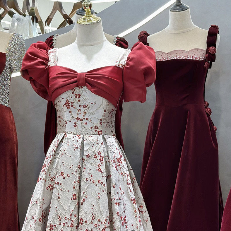パフスリーブ レッド 花嫁 ウェディング 乾杯ドレス ドレス 遊び心 減退 プリンセス パフ バックドアドレス 母の日 母の日-0007759