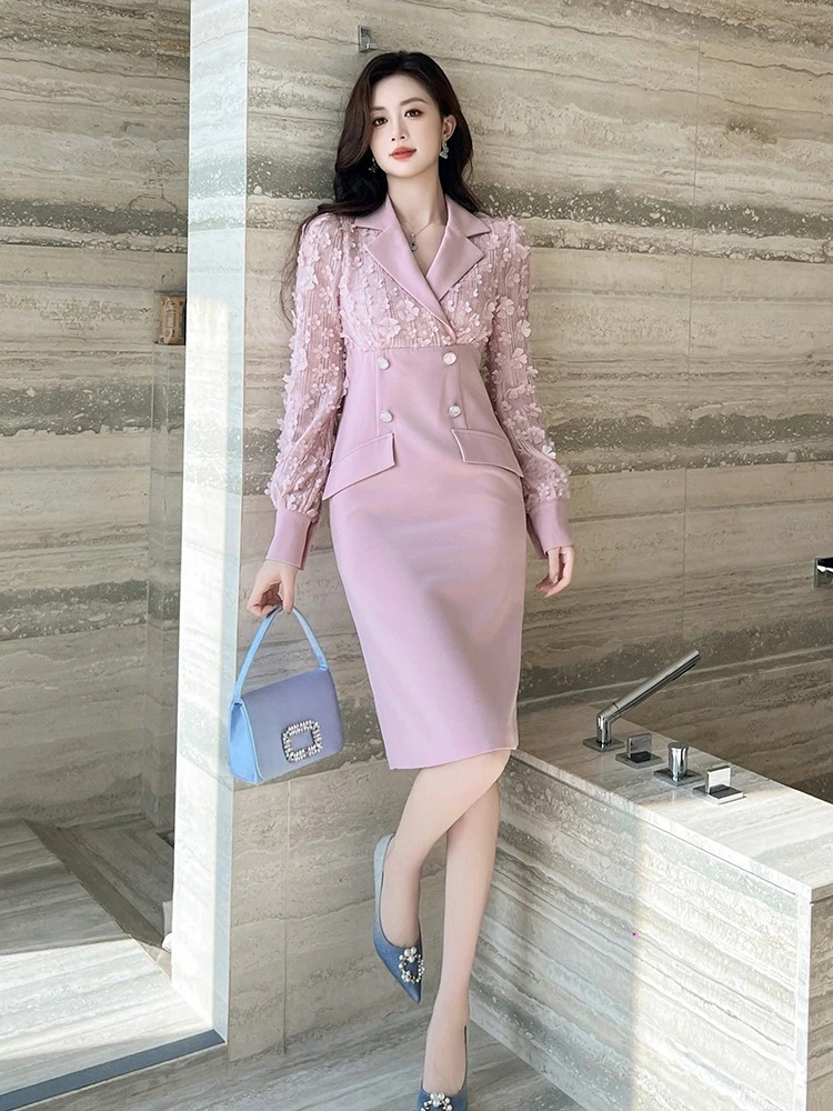 2025秋冬新品 スーツワンピース 花びら飾り ピンク ドレス パーティー キャバ 大人 同窓会 披露宴 卒業式 結婚式 演奏会 ウェディング 二次会