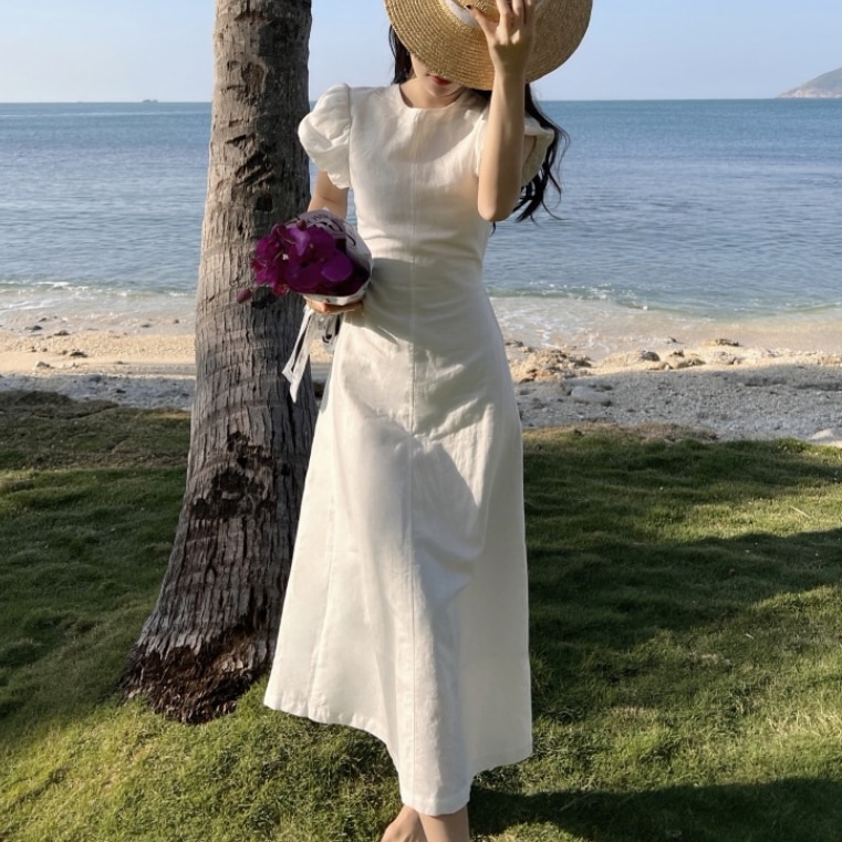 レディース スカート ワンピース ロングスカート ロング 半袖 パフスリーブ 襟なし 背中開き フェミニン リボン バックリボン ハイウエスト 薄手 かわいい 大人可愛い きれいめ カジュアル 上品