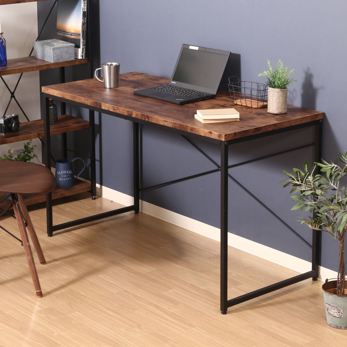 ワークデスク 幅120cm パソコンデスク ヴィンテージ調 天板 広い デスク パソコン 2台置ける 勉強机 木目調 スチール脚 異素材 長方形