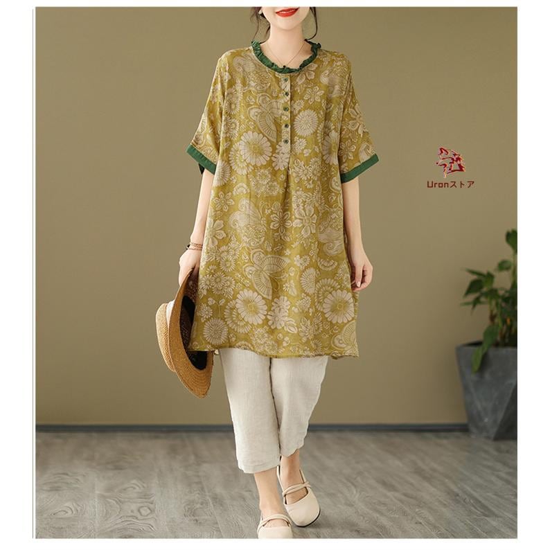 チュニック 大きいサイズ チュニック ブラウス 花柄 レディース 配色 半袖 プルオーバー フリル 綿麻風 大人可愛い チュニックワンピース トップス カジュアル 4,820円