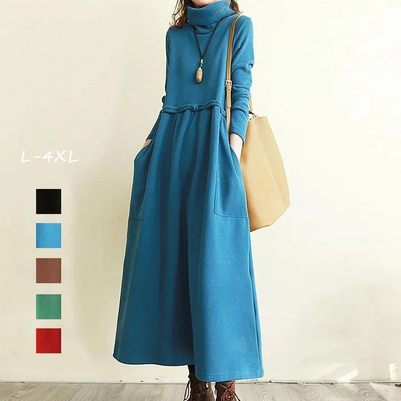 【輝いて超人気】 上品さたっぷり レトロ 無地 ハイネック Aライン カジュアルワンピース レディース