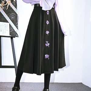 チャイナ風スカート ボトムス 蓮鶴 刺繍スカート Aラインスカート 合わせやすい ブラック