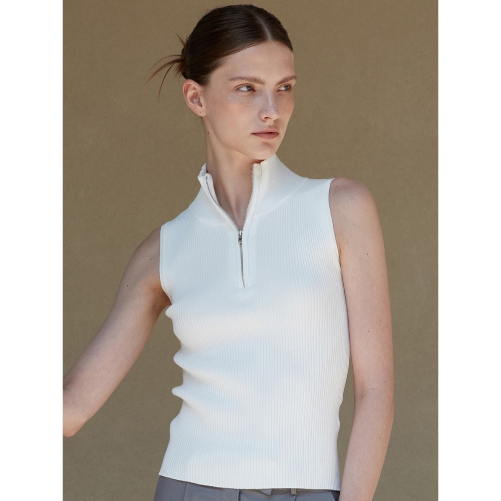 ouieハーフジップスリーブレスニットホワイトOU1119