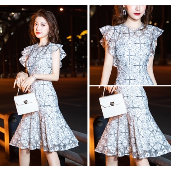 【取寄：納期2週間】フリルワンピース 大きいサイズ 2XL 3XL 体型カバー お呼ばれ 結婚式 フィッシュテール