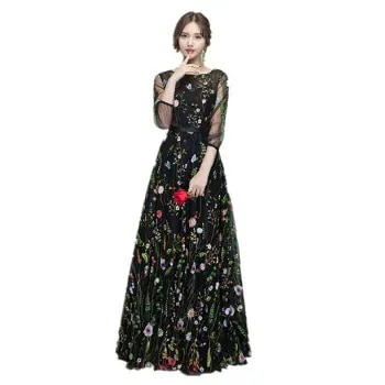 【送料無料】2色展開　長袖　刺繍　レース　マキシ丈　花柄　ロングドレス　パーティードレスワンピースカラードレス　二次会演奏会披露宴結婚式発表会　忘会