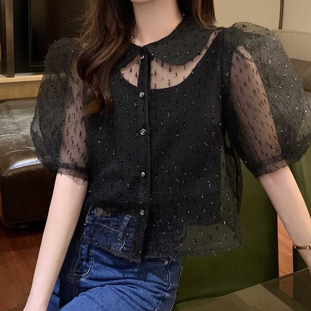 トップス レディース ブラウス 袖あり 半袖 ギャザー デザイン袖 丸襟シアー クロップ丈 ドット 水玉 ショート丈 切り替えタンクトップ付き 2点セット 透け感 シースルー チュール wto0548