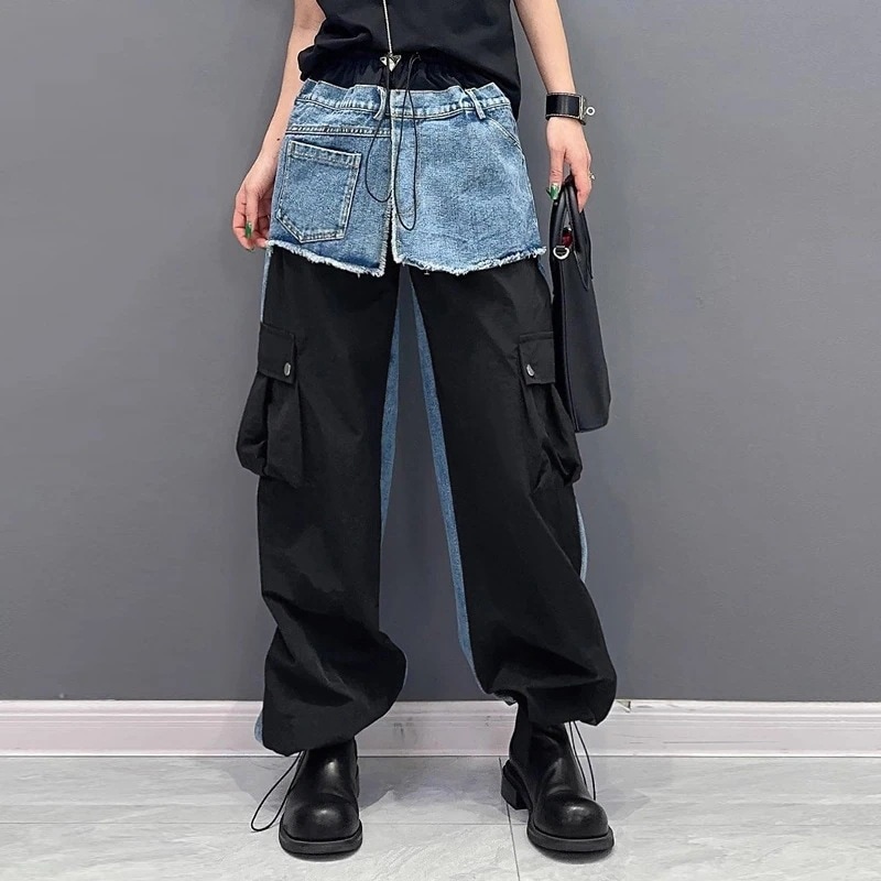 春秋 デニムドッキング ロングパンツ 欧美風 カーゴパンツ レディース ロングパンツ メガ割 5,691円