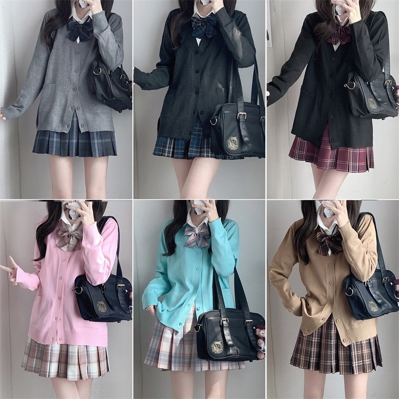 そらチンチラオリジナル学生jk制服スクールプリーツスカートレイヤードスーツチェック柄スカートシャツ長袖セーターカーディガン