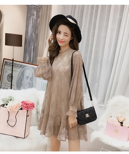 1299.花柄レースフリルワンピース（カーキ） 春夏 sale 上品 大人 かわいい 長袖 花柄 お呼ばれ 女子会