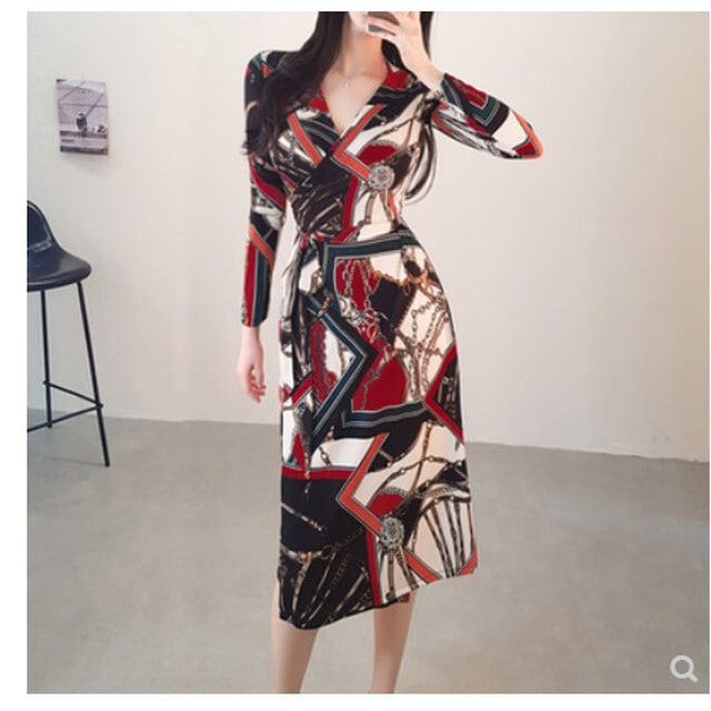 【送料無料】レディース スカーフ柄ワンピース フォーマルドレス Vネック ウエストリボン