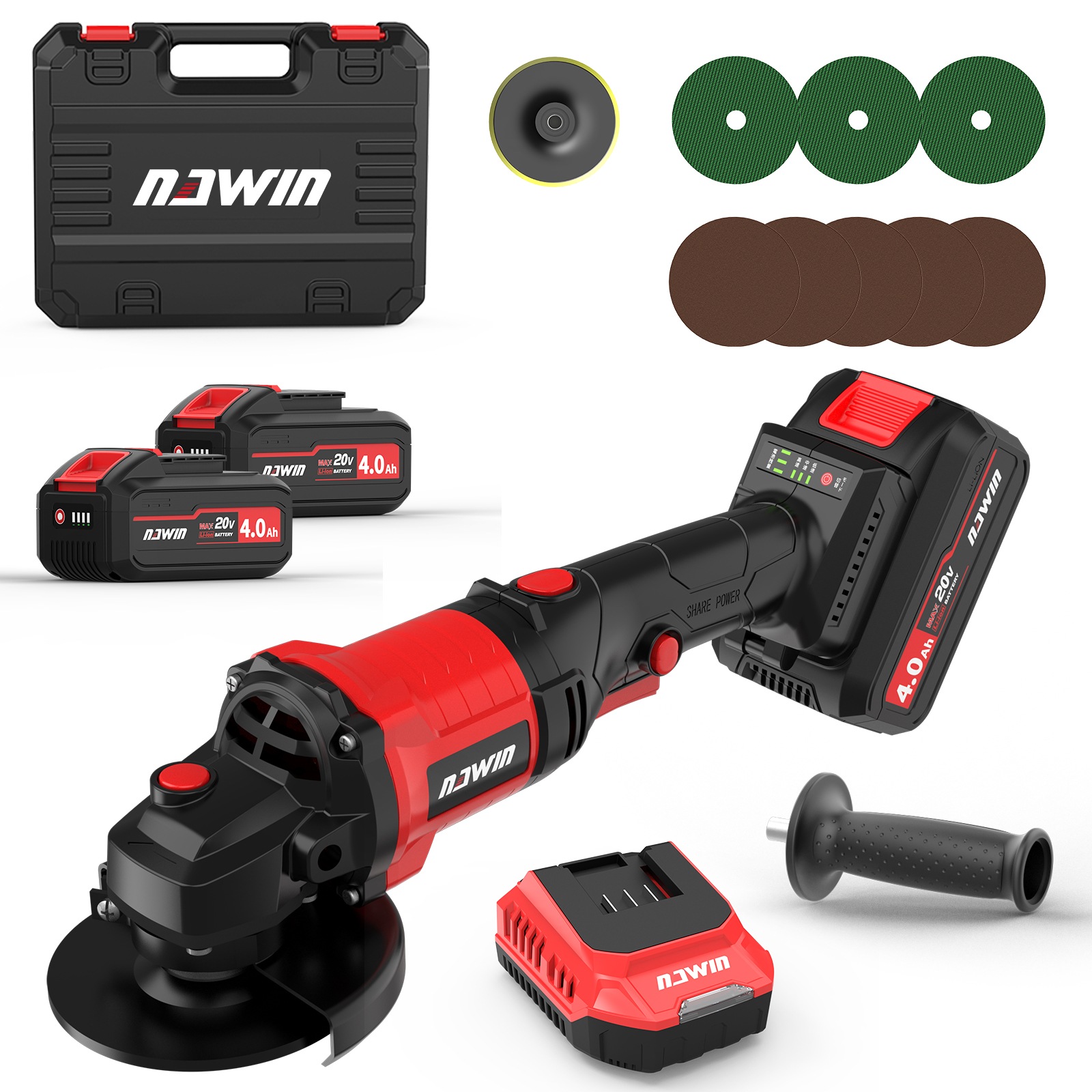 20V充電式ディスクグラインダー バッテリー2個 コードレスグラインダー グラインダー充電式 ブラシレスモーター 三段階変速 砥石Φ125mm 切断研削研磨