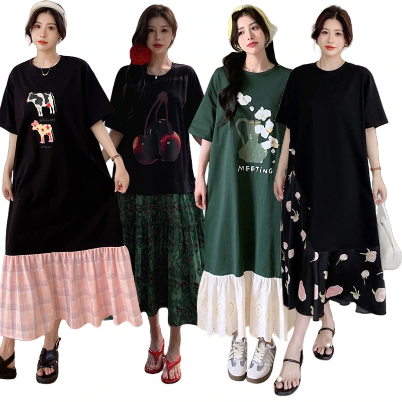 ワンピース ロングTシャツ 大きいサイズ 短纳期24新作ロングワンピース短袖ゆとりがある 大きいサイズTシャツ長袖韓国ファッションラウンドネック体型カバーレディース