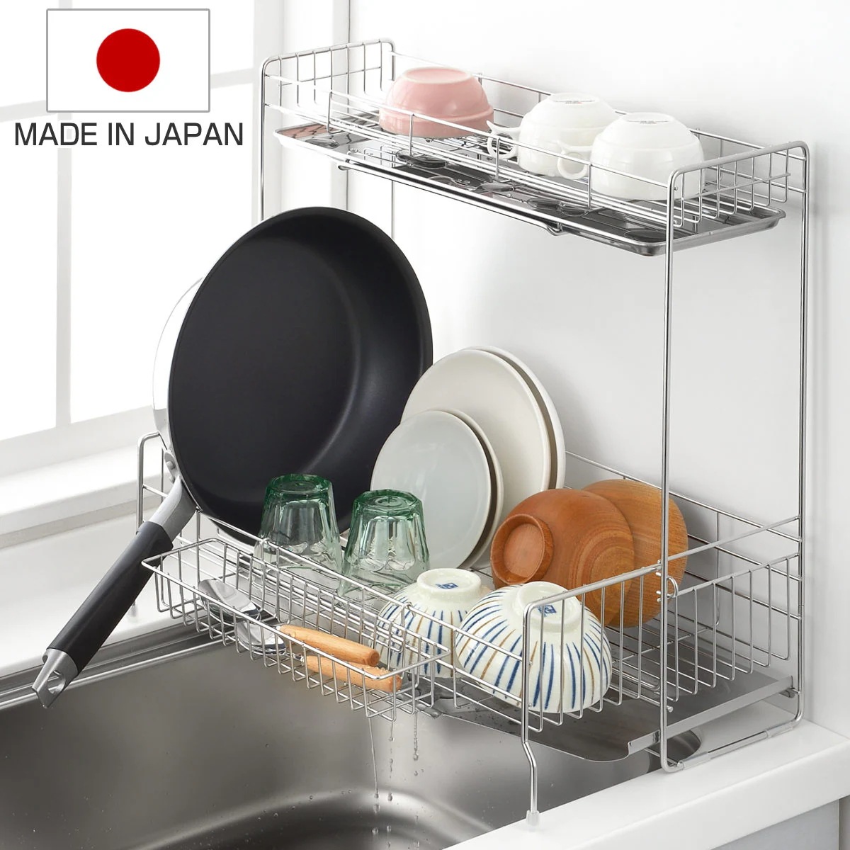 水切りラック シンクサイド 幅の広がる2段水切り 幅15cmx奥行47cm 日本製 ステンレス カトラリーポケット付き シンク上 スリム 2段 伸縮 水切りかご 水切り 大容量 水切りカゴ