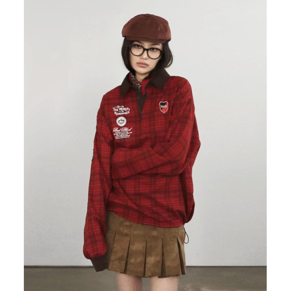 BADBLOOD Classic Check Rugby Shirt Red w-sweatshirt24-01