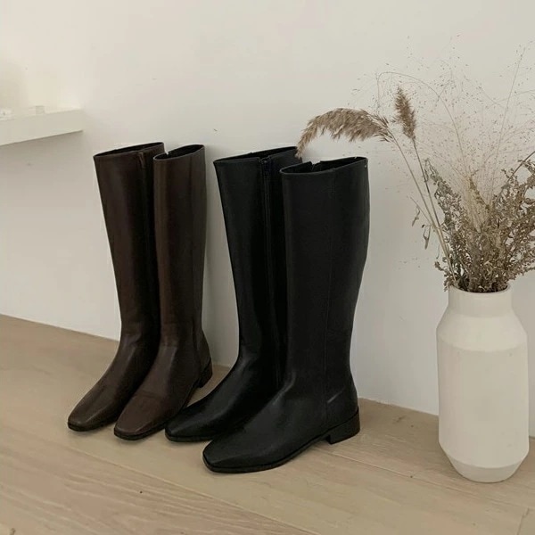 ロングブーツ スクエアトゥ サイドジップ フラット レディース 黒 茶 ブラック ブラウン