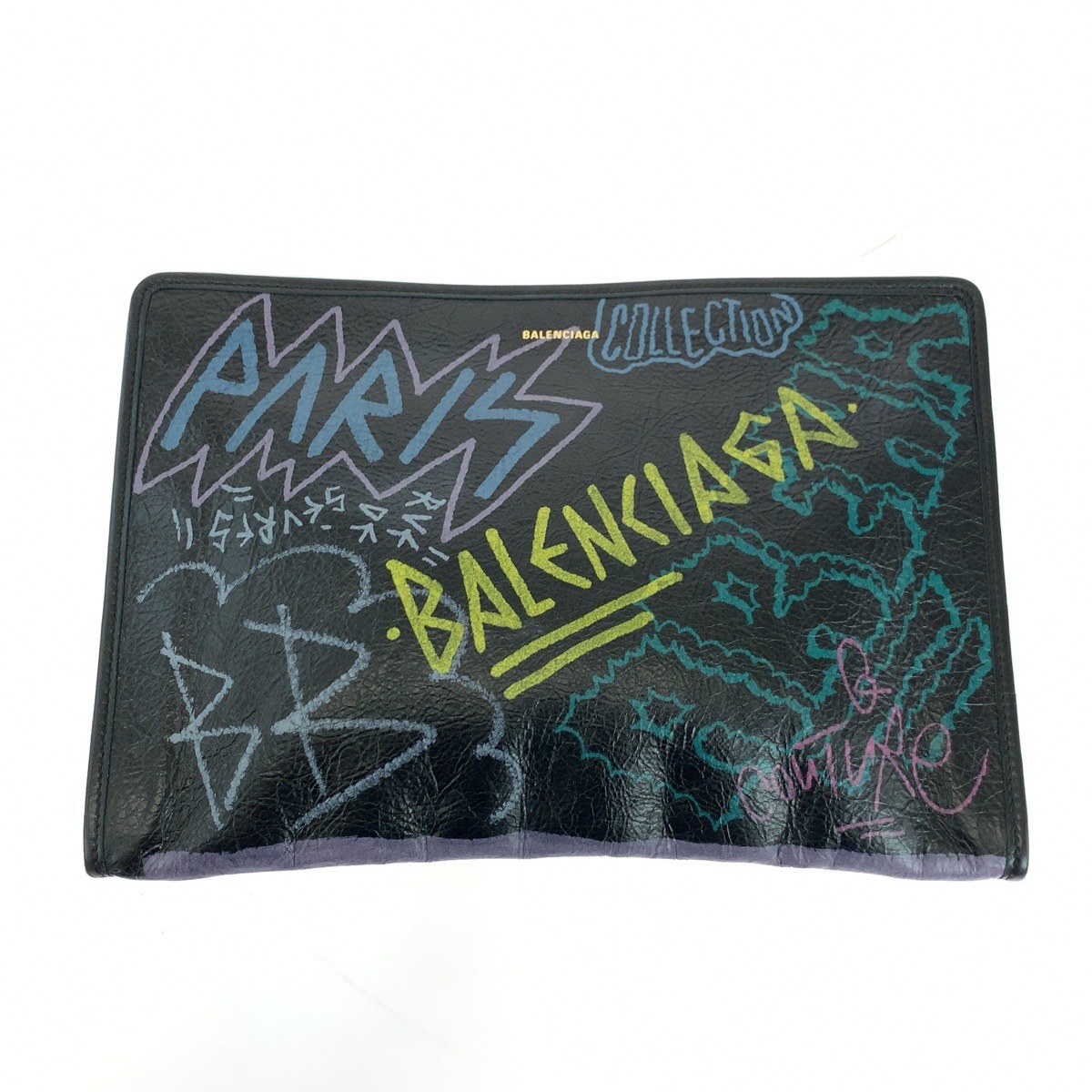 美品 グラフィティプリント ブラック 黒 マルチカラー シルバー金具 レザー 443658 1060 クラッチバッグ セカンドバッグ レディース 503948 53,520円