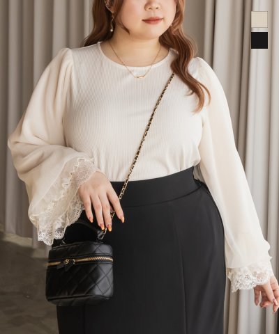 大きいサイズ レディース LL 3L 4L XL XXL XXXL CLETTEオリジナルチュール重ねレース袖プルオーバー