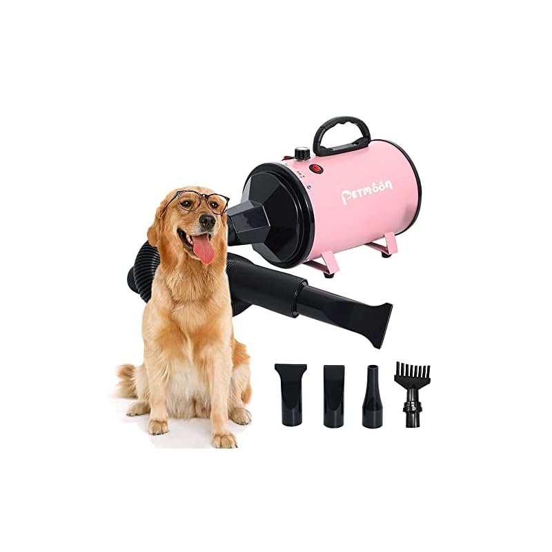 Petmoon ペットドライヤー ペットヘアードライヤー ブロワー 無段階速度制御 送風機 4つのノズル付き 風速温度調整可能 強いブロー力 騒音低減 100V/1500W (ピンク)