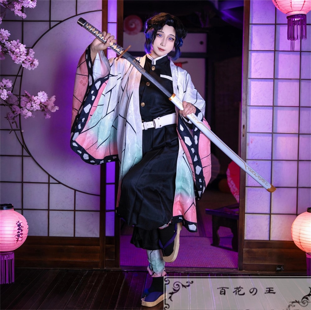 在庫品 全面改良 暗紋付き 胡蝶しのぶ 鬼殺隊制服 コスプレ衣装 コスチューム 頭飾り付き