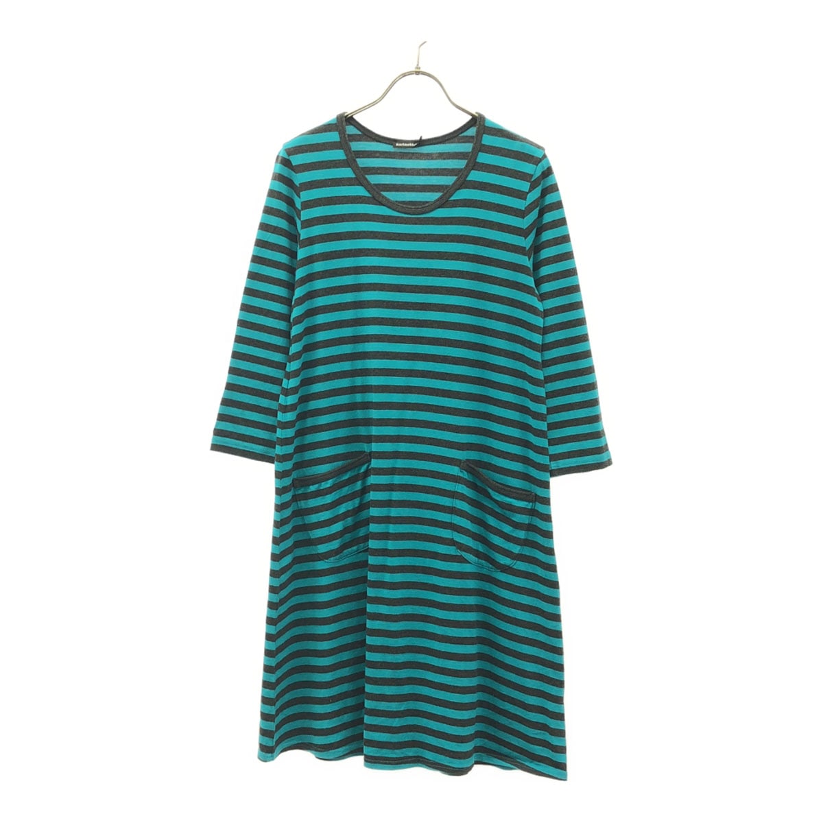 ボーダー柄 7分袖 ワンピース XS グリーン系×ブラック レディース 古着