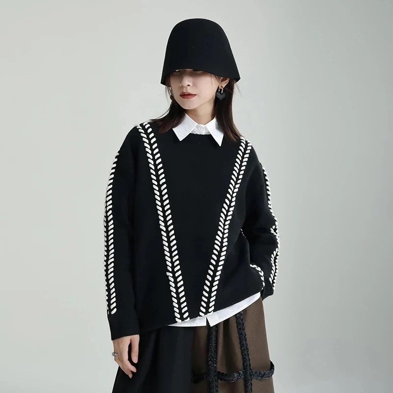 人気なリプニットラウンドネックニット怠惰風セータードローストリング大きいサイズ 母の日 ベ一シックニット