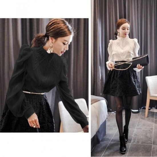 シフォンブラウス シャツ パワーショルダー 白 ボリューム袖 秋 秋冬 トップス オフィス 30代