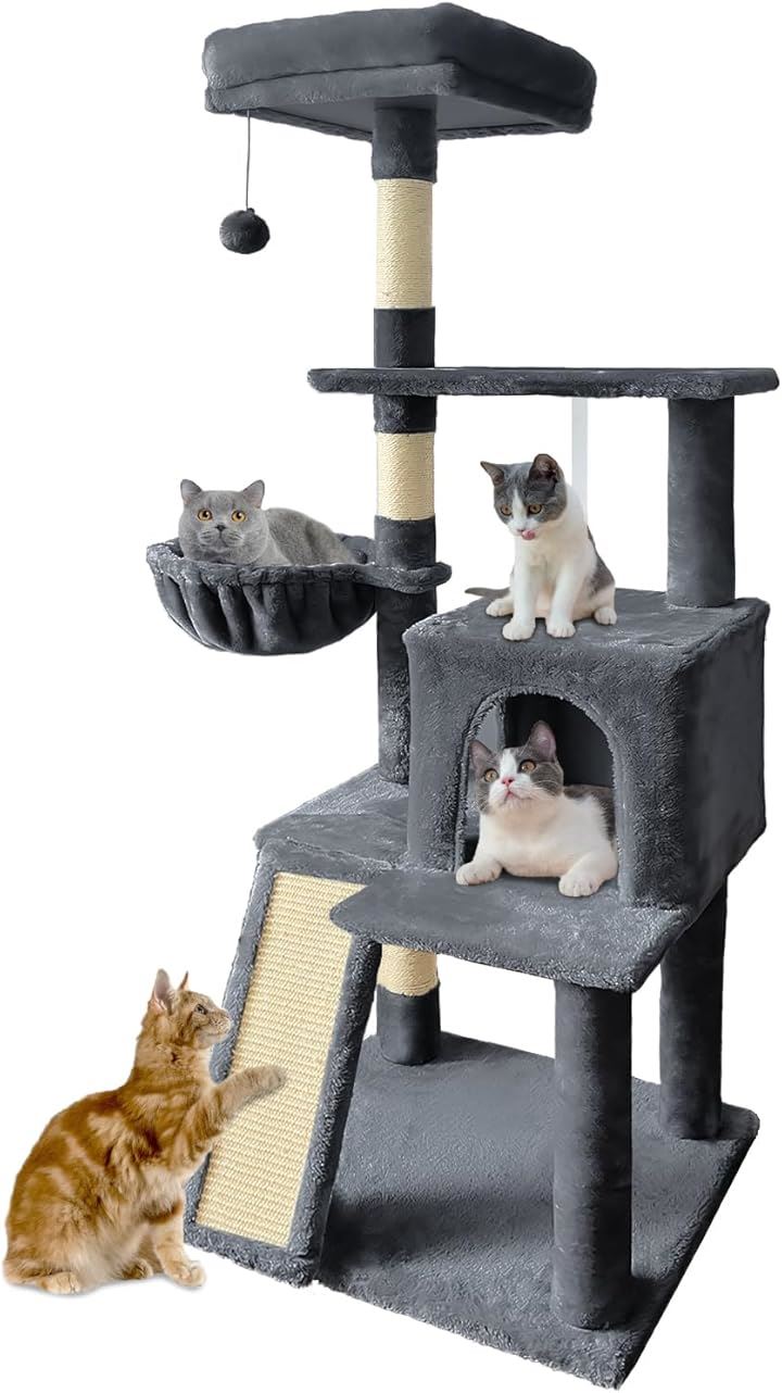 Pempetキャットタワー 大型猫用 猫タワー 据え置き ハンモック付き 爪とぎポール 隠れ家 展望台 見晴らし台 ハウス付き はしご付き 天然麻紐( ダークグレー, 高さ145cm)