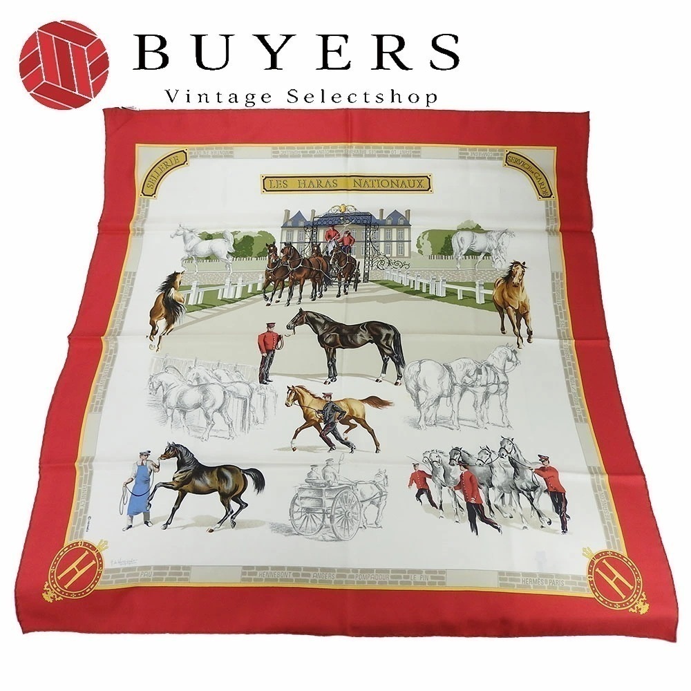 中古 エルメス スカーフ カレ90 シルク100％ LES HARAS NATIONAUX 国立種馬飼育場 レッド ベージュ レディース 女性 HERMES CARRE90 scarf silk re