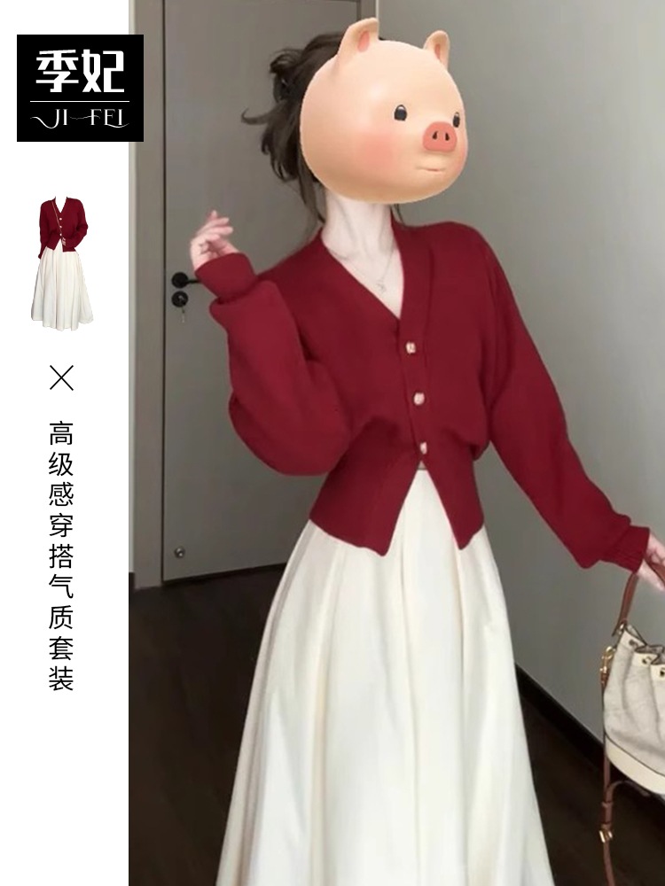 アンカーレッドニットドレスレディース2024年秋冬秋高級服気質スーツ