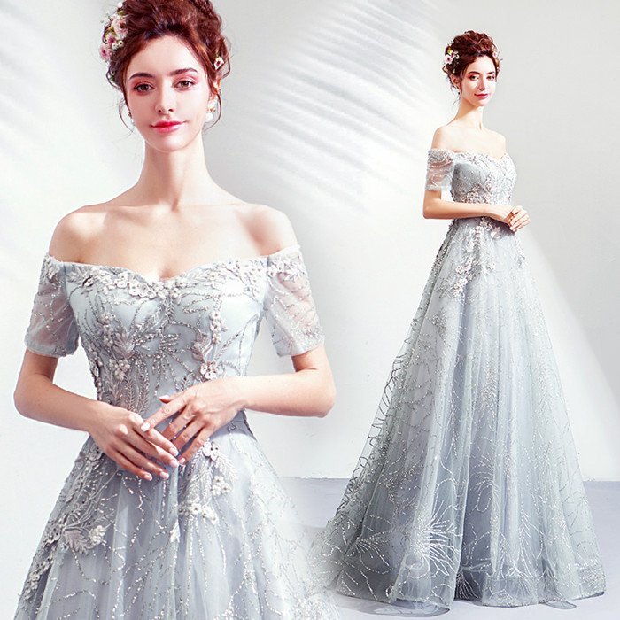 演奏会用ドレス グレー カラードレス ロングドレス パーティードレス ウェディングドレス 発表会 結婚式 ピアノ 二次会 ドレス 前撮り 結婚式 花嫁 披露宴