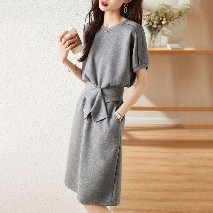 セットアップ スウェット トップス スカート ワンピース ウエストリボン レディース カットソー 半袖 2点セット ミディスカート エレガント きれいめ カジュアル 大人 可愛い フェミニン おしゃれ