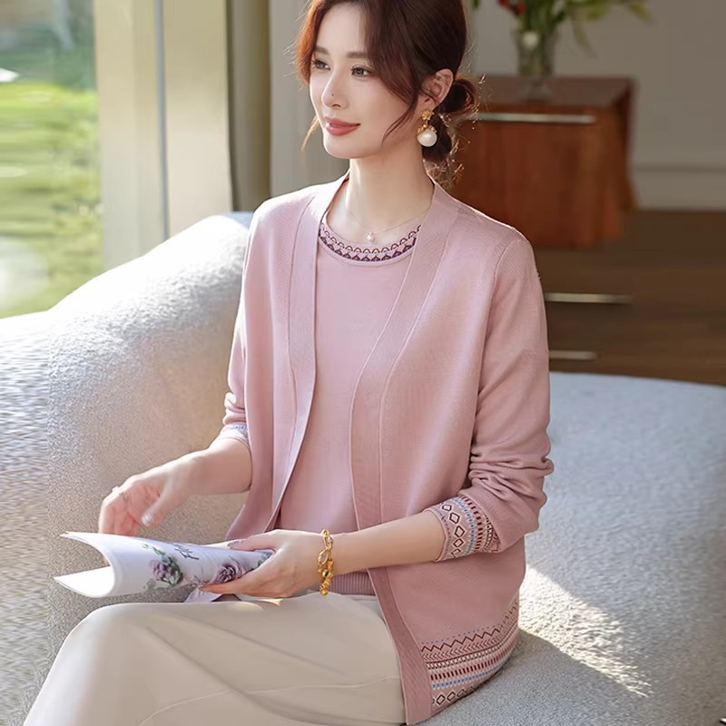 ママの春物ニットセーター2点セット中高年女性向け夏用薄手半袖シャツエレガントなセットアップ